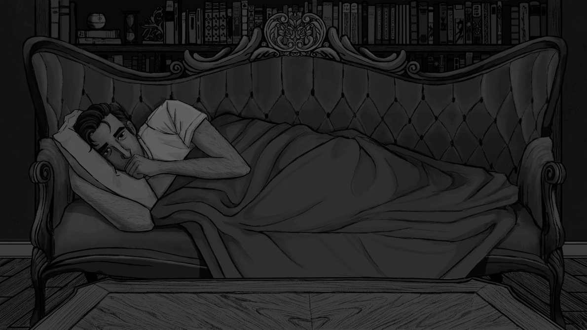 Greyscale digital drawing of Jon Sims laying on an ornate couch, sucking his thumb.