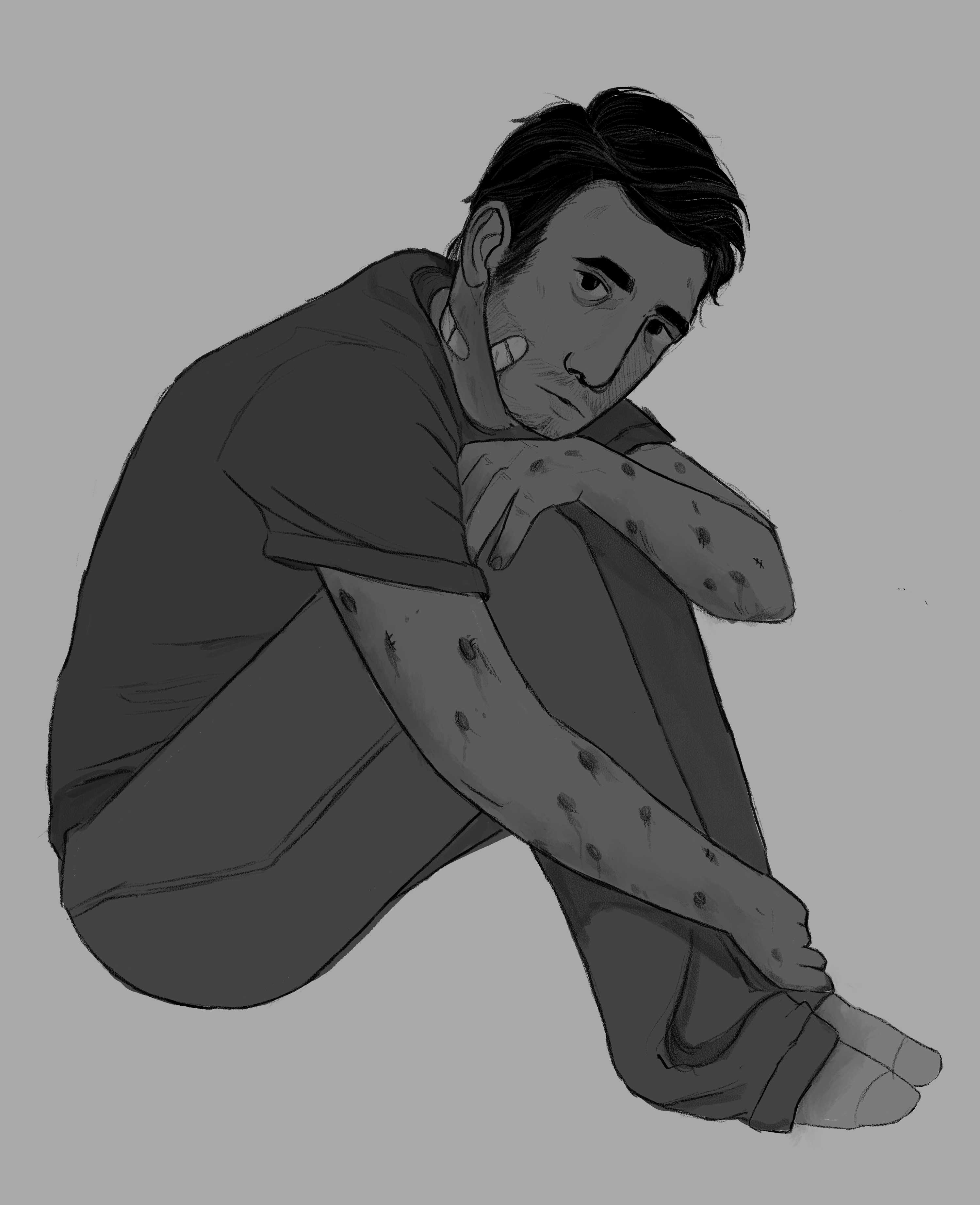 Grayscale digital art of Jon hugging his knees. His arms are covered with bloody circular wounds