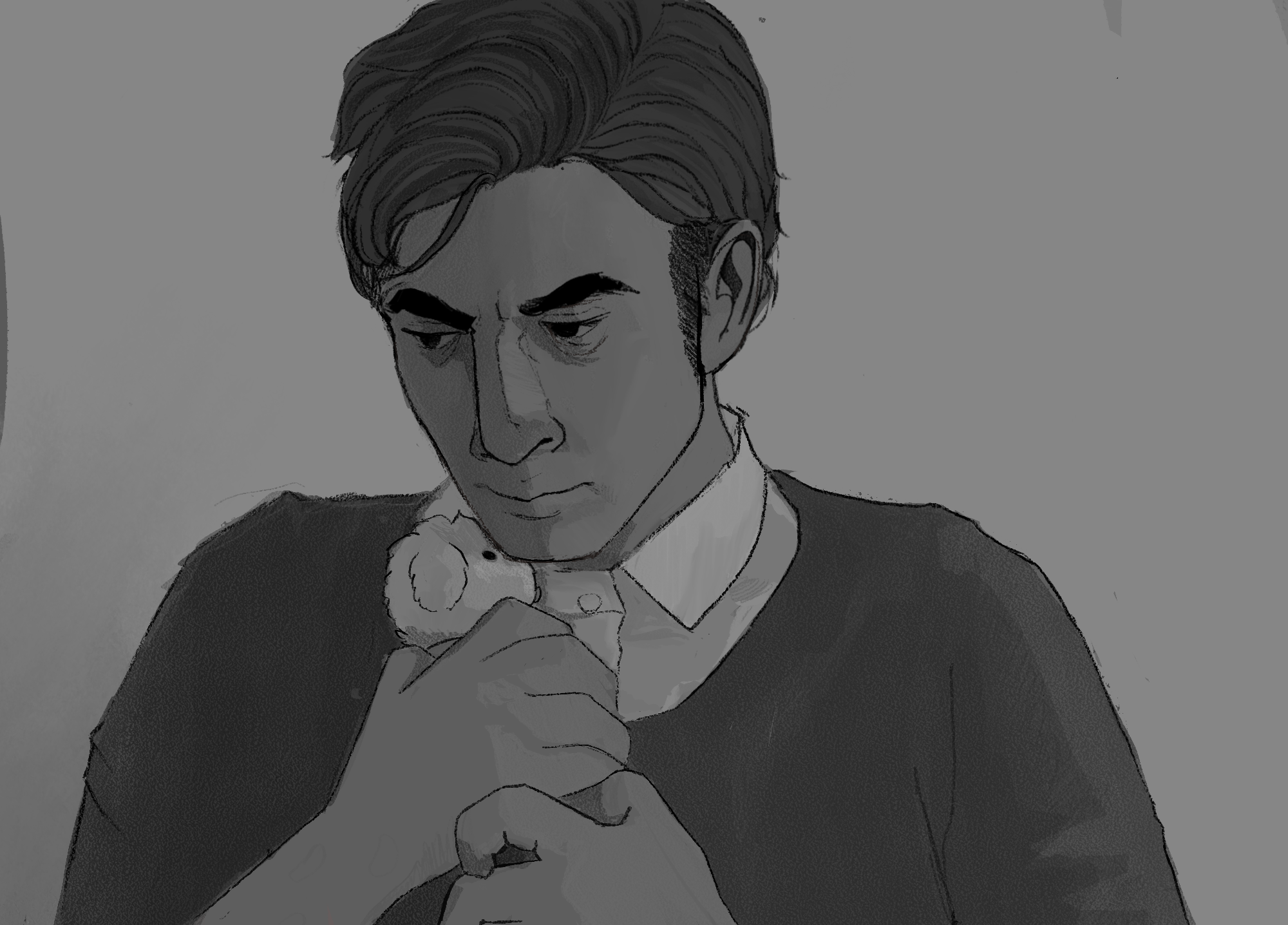 Greyscale digital sketch of Jon Sims holding a lamb stuffed animal and looking nervous.