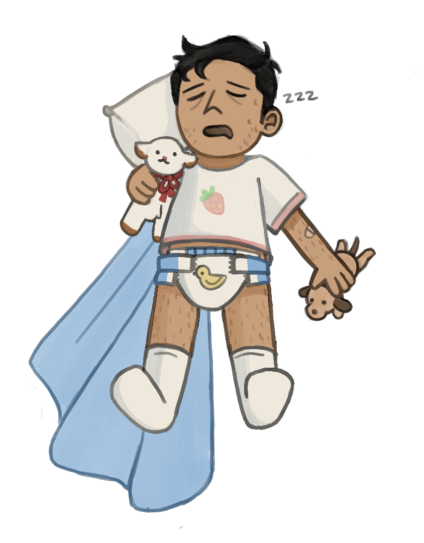 Chibi digital sketch of Jon Sims wearing a diaper, surrounded by stuffed animals.