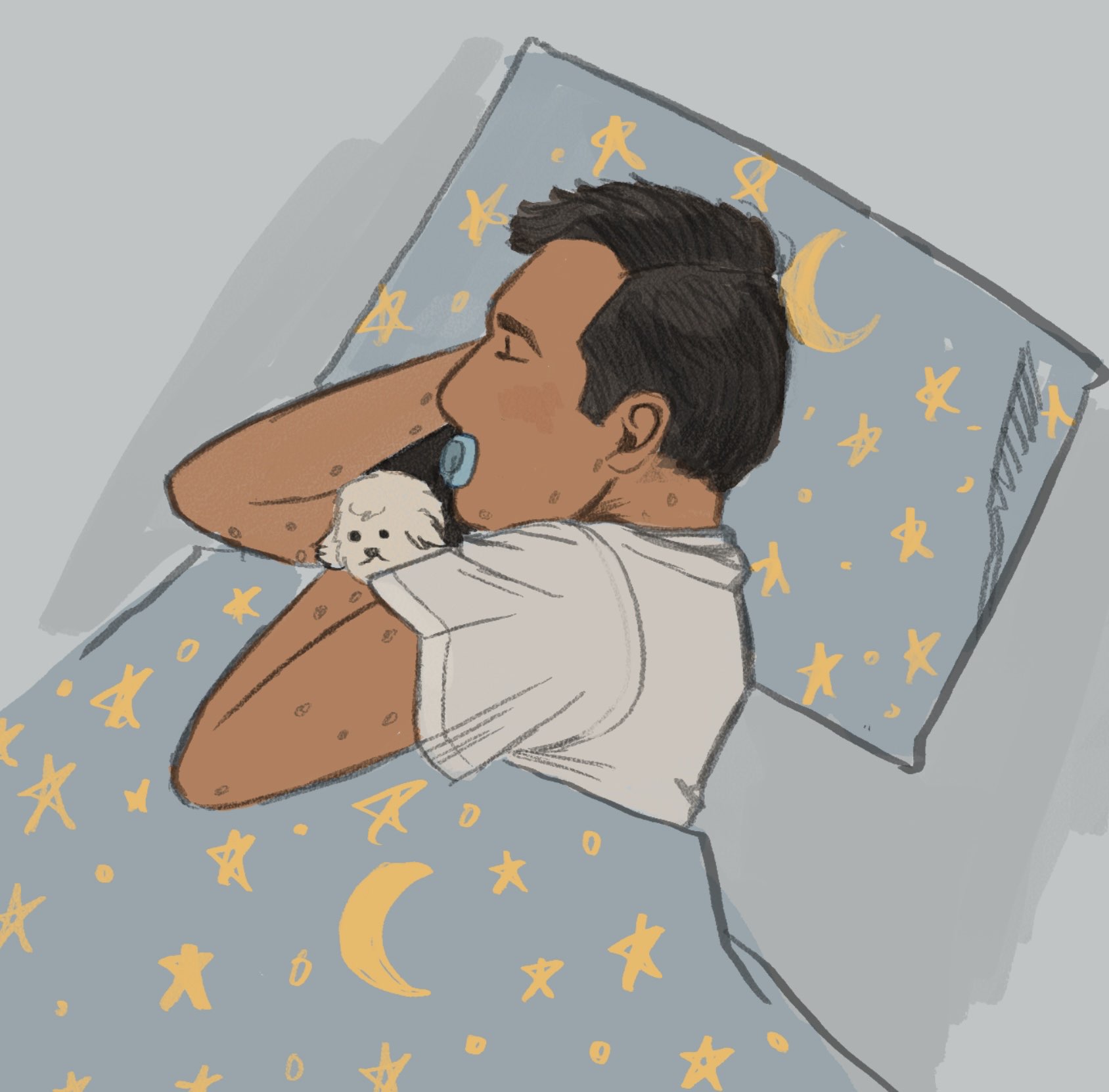Digital sketch of Jon Sims sleeping with a pacifier and his lamb stuffed animal.