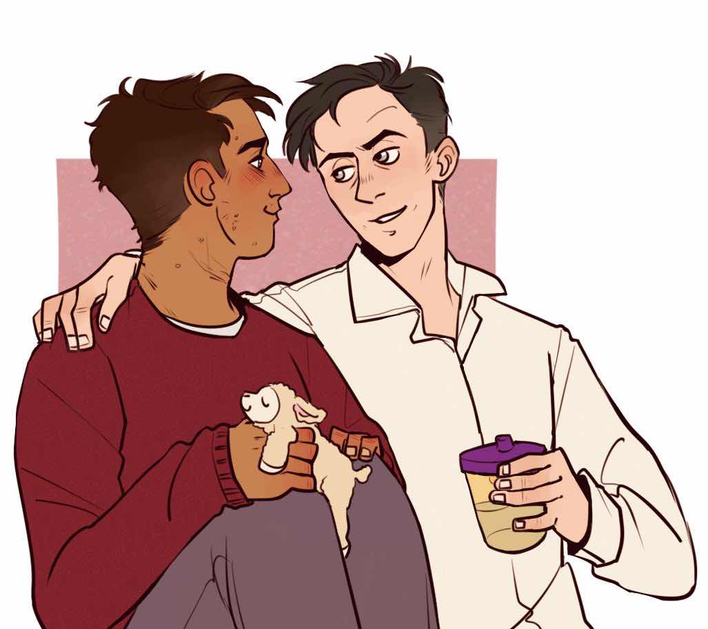 Digital art of Jon and Elias. Jon is holding his lamb, Elias has a hand on Jon's shoulder and is holding a sippy cup.