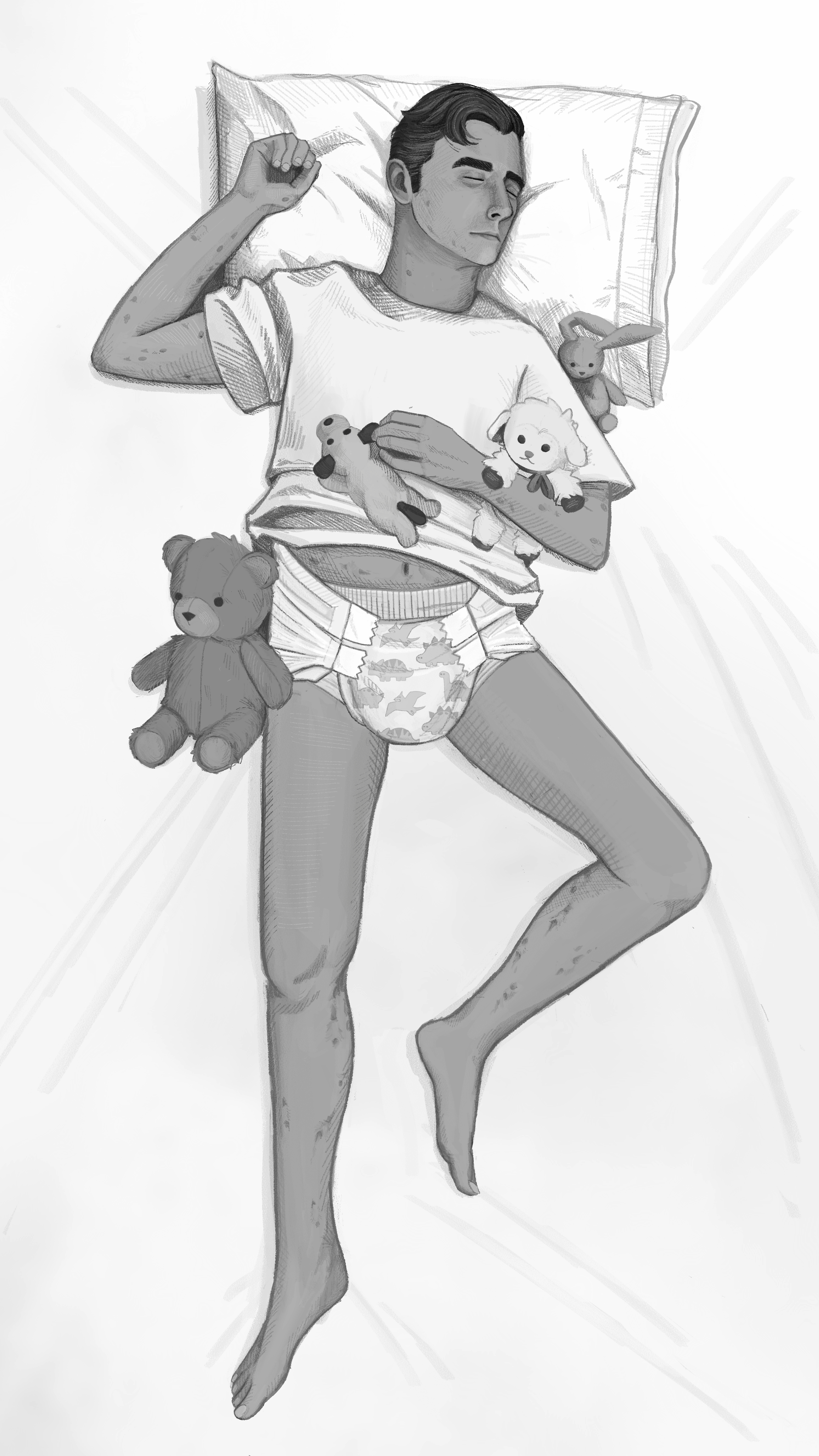 Greyscale digital drawing of Jon Sims wearing a diaper, surrounded by stuffed animals.
