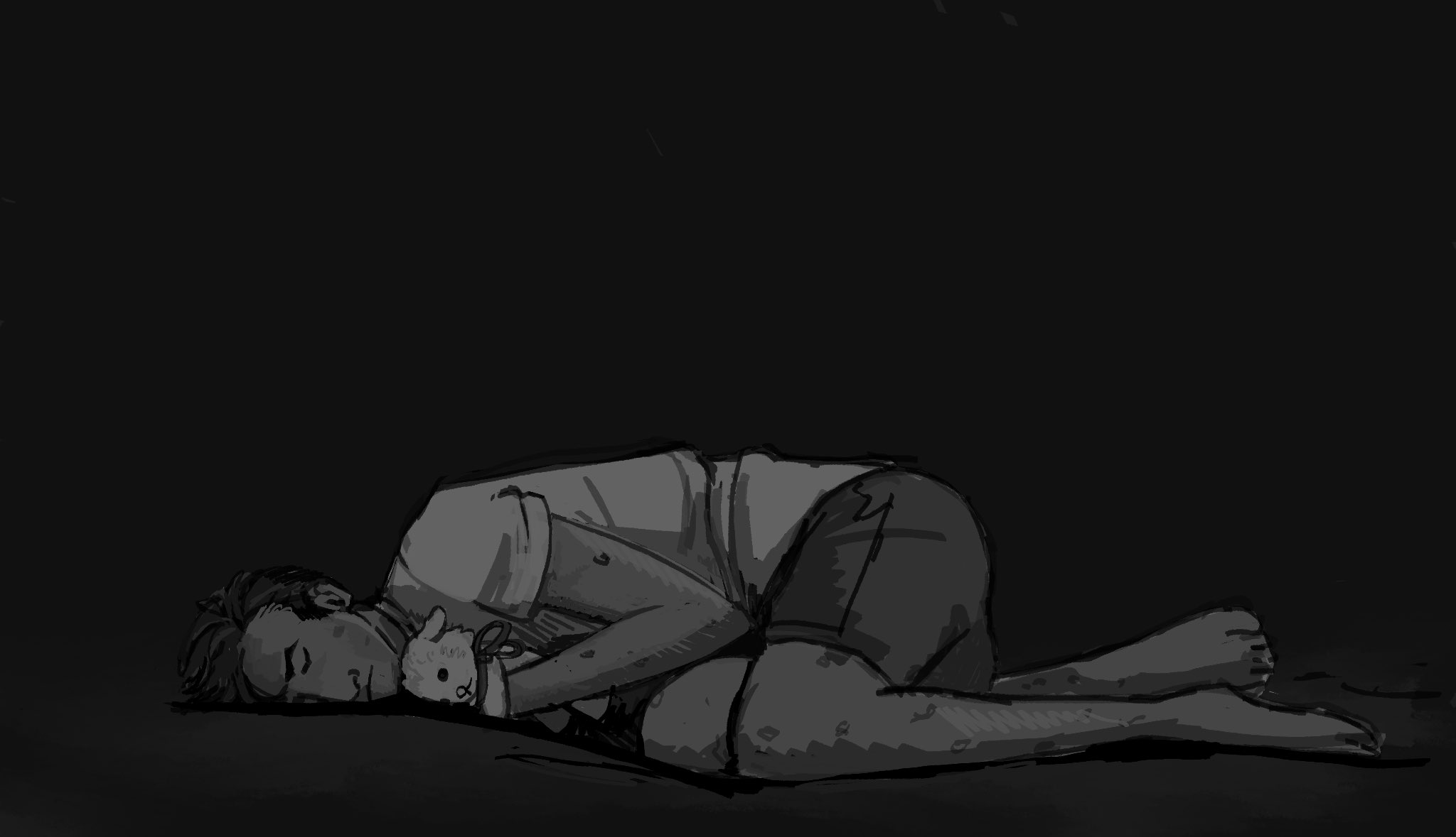 Greyscale digital art of Jon Sims sleeping on the floor, holding a lamb stuffed animal.