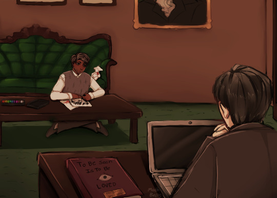 Digital art of Jon sitting on the floor, coloring at the coffee table in Elias's office. We see the back of Elias's head at his desk, watching him