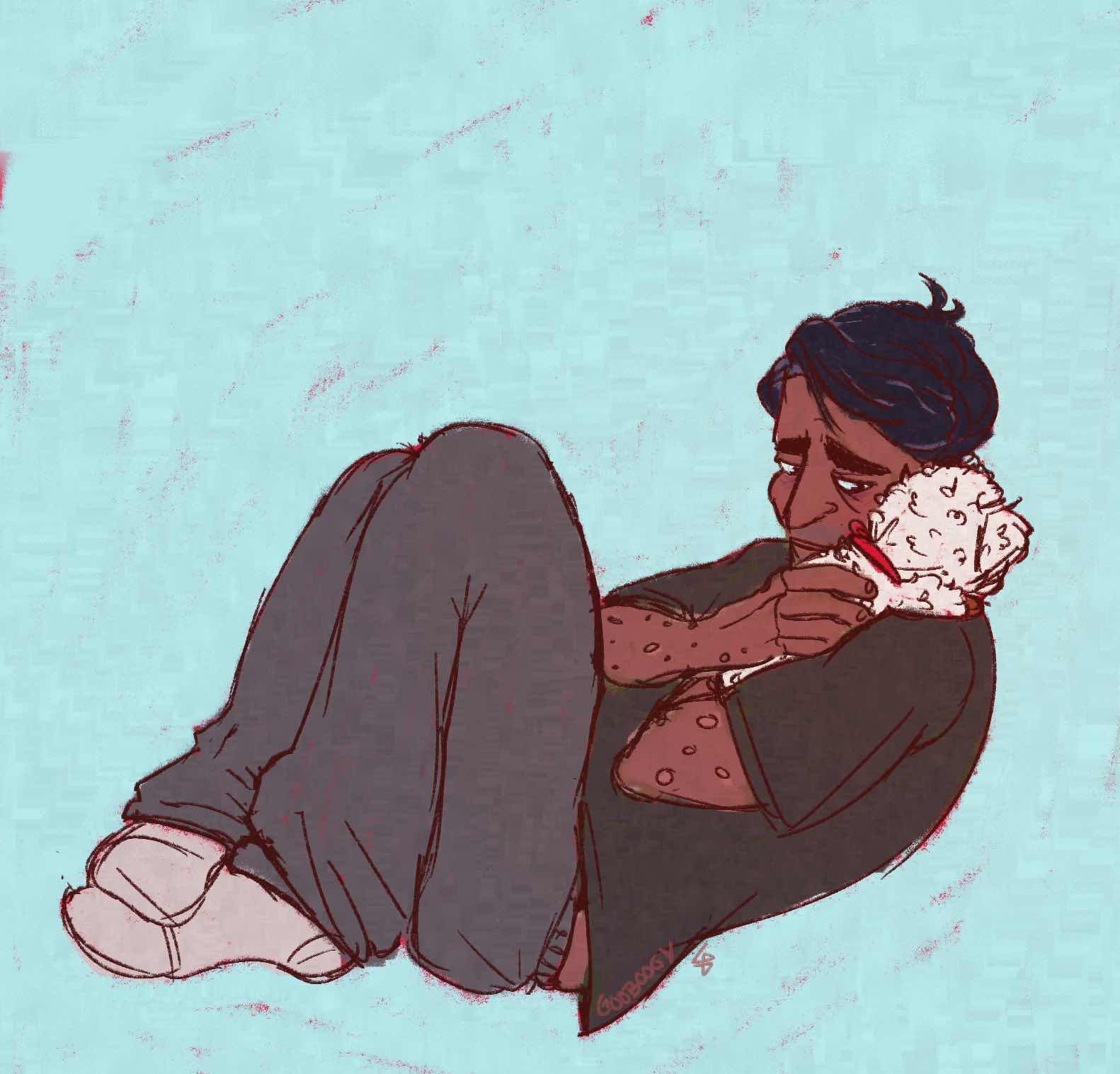 Digital art of Jon holding his lamb